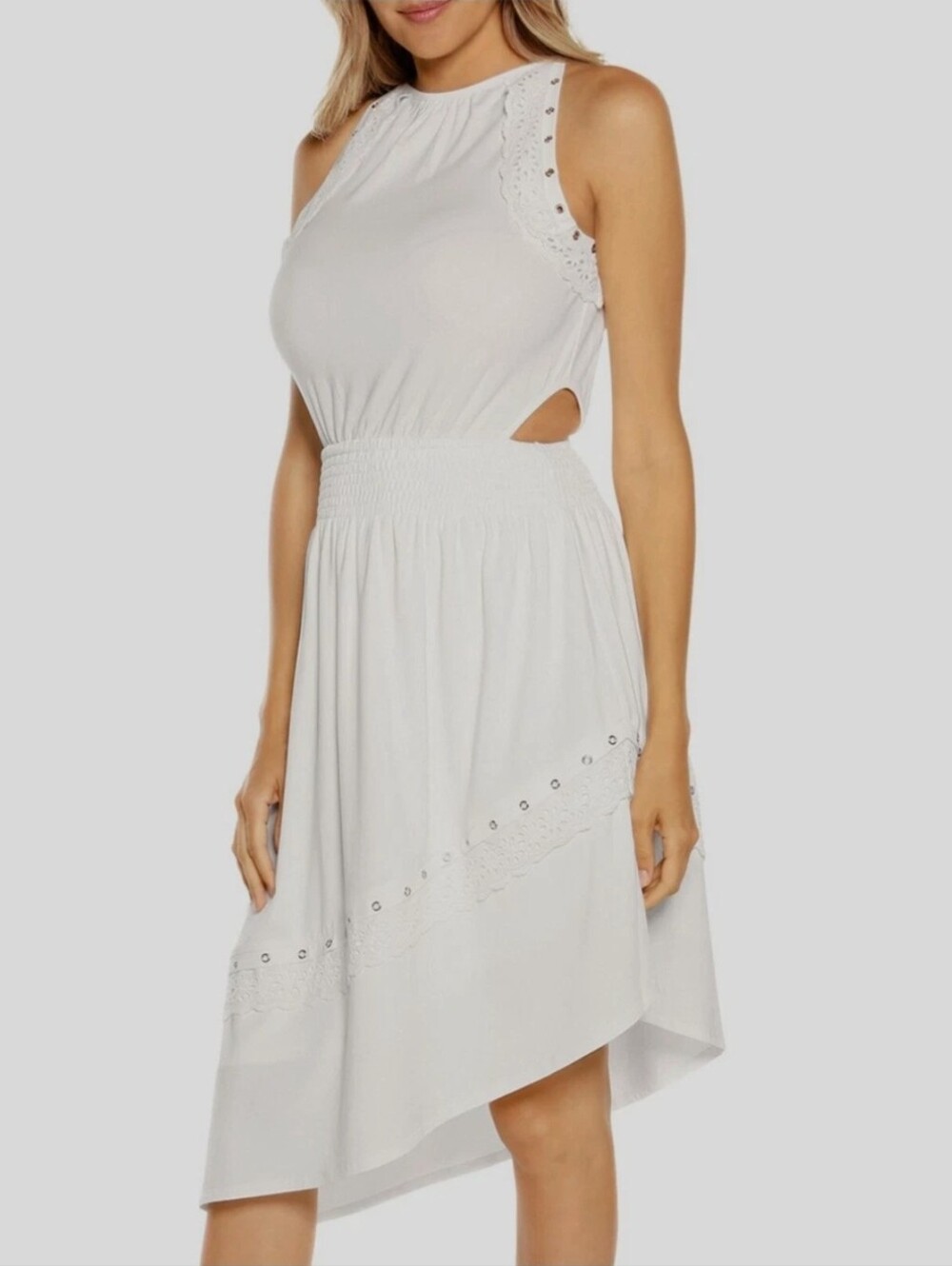 Belldini White Sleeveless Cutout Eyelet Asymmetrical Dress, Medium
